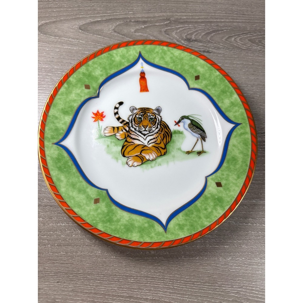 Lynn Chase Tiger Raj Porcelain Bread Butter Plate 24K Gold 1991 Tiger Bird 6.25"